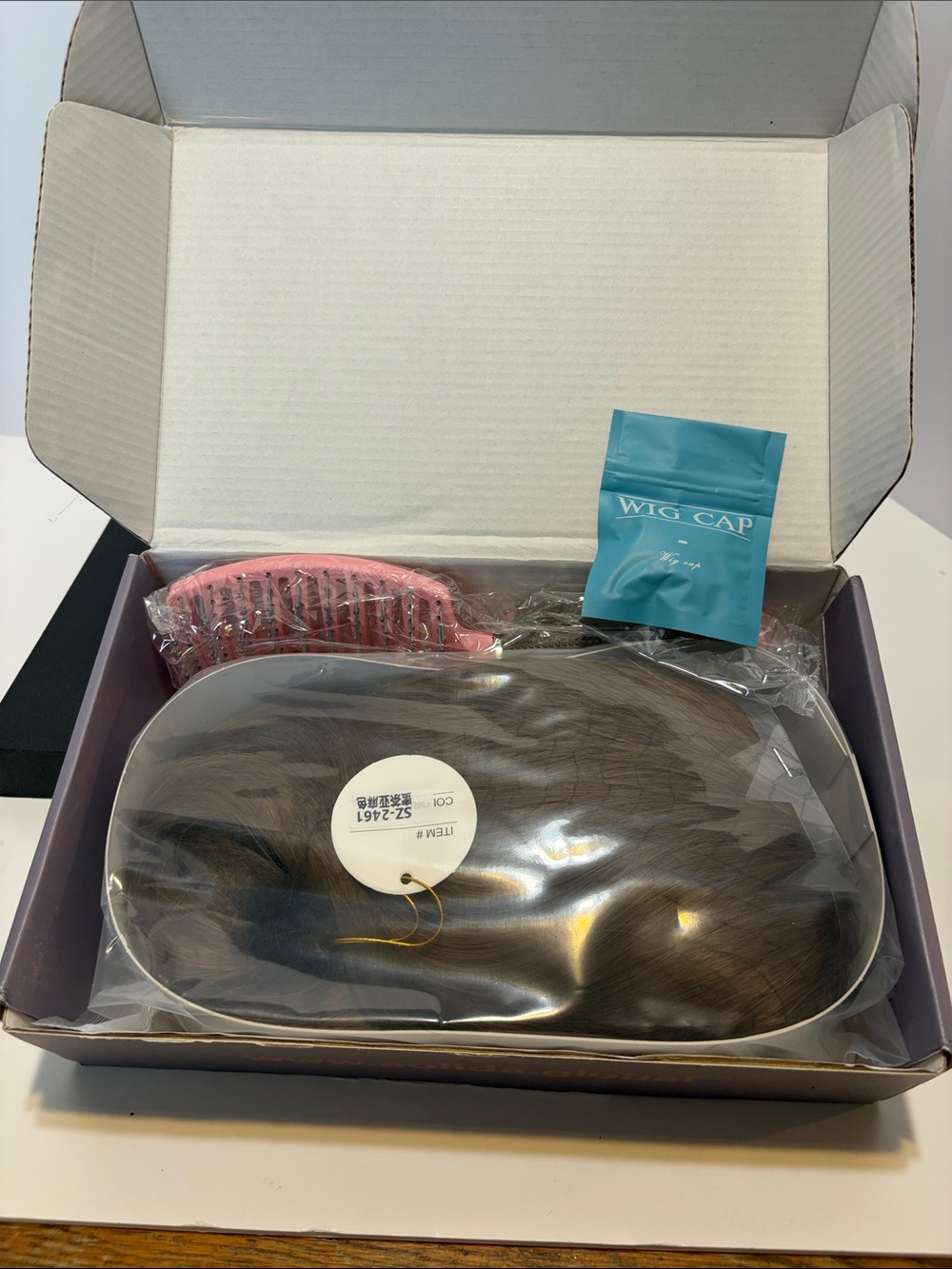 Aolida Honey brown Clip-In Hairpiece with Pink Brush and Blue Wig Cap new in box